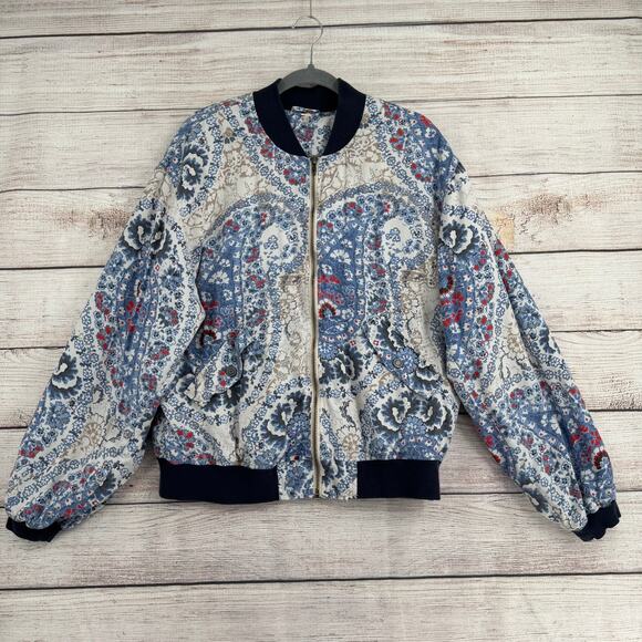 Free People Quilt Lined Floral Full Zip Jacket Womens Large Blue White Beige - Picture 1 of 13